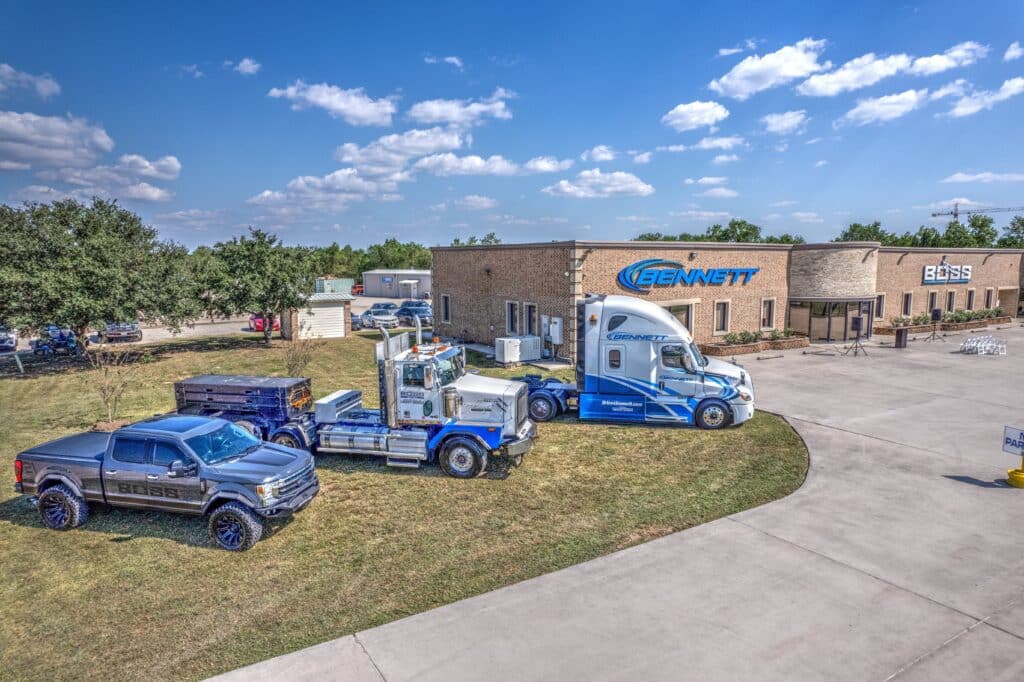 Trucks parked at entrance for grand opening event of the new Dayton, Texas location